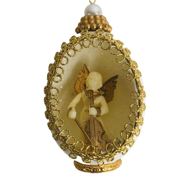 Eggshell Christmas Ornaments Musical Angels Gold Trim Pearl Set of 6 Vintage - Picture 7 of 12